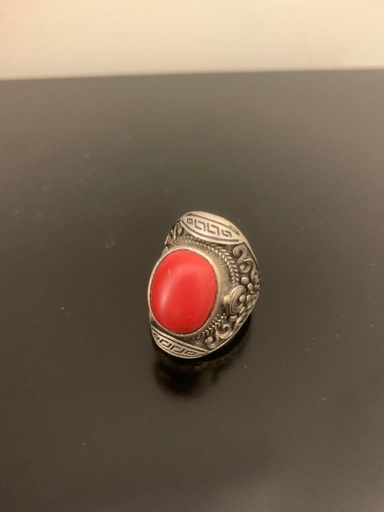 Rode cabochonring in vintage stijl, Ophalen of Verzenden, Nieuw, Rood, Zilver