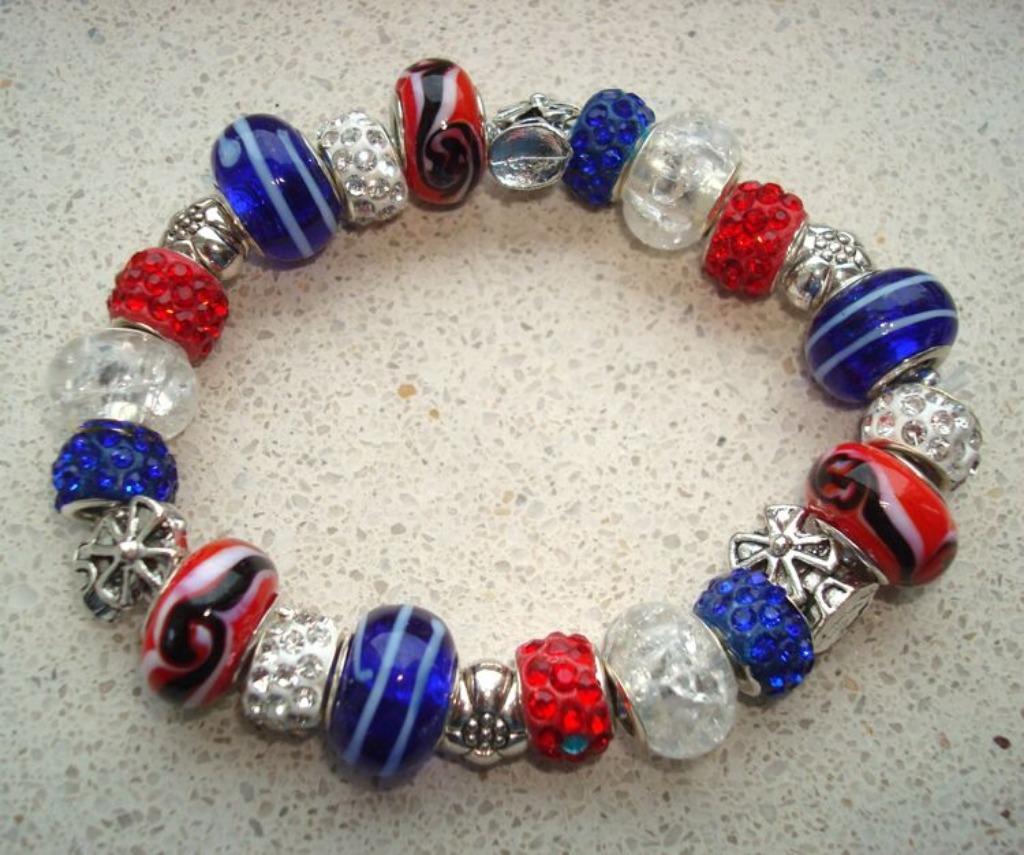 Bracelet élastique en rouge, blanc et bleu - taille souhaité, Autres couleurs, Avec strass, Envoi, Neuf