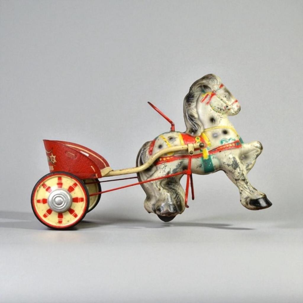 Jouet Sebel MOBO Toys en métal des années 1950 Cheval + Char, Antiquités & Art, Antiquités | Jouets, Enlèvement