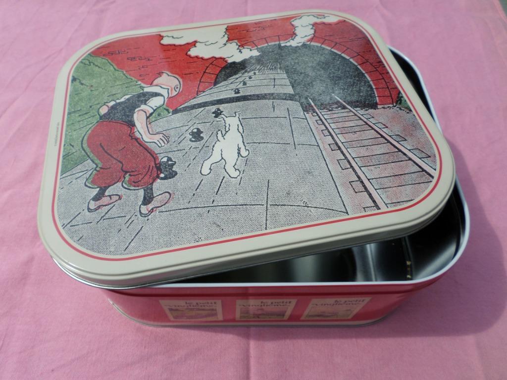 Boite métallique Tintin Milou train pont rouge beige, Enlèvement ou Envoi, Comme neuf, Biscuits
