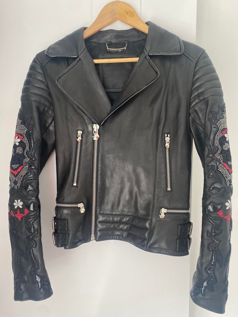 Biker jacket Philipp Plein leder maat S, Zwart, Ophalen of Verzenden, Maat 36 (S), Gedragen