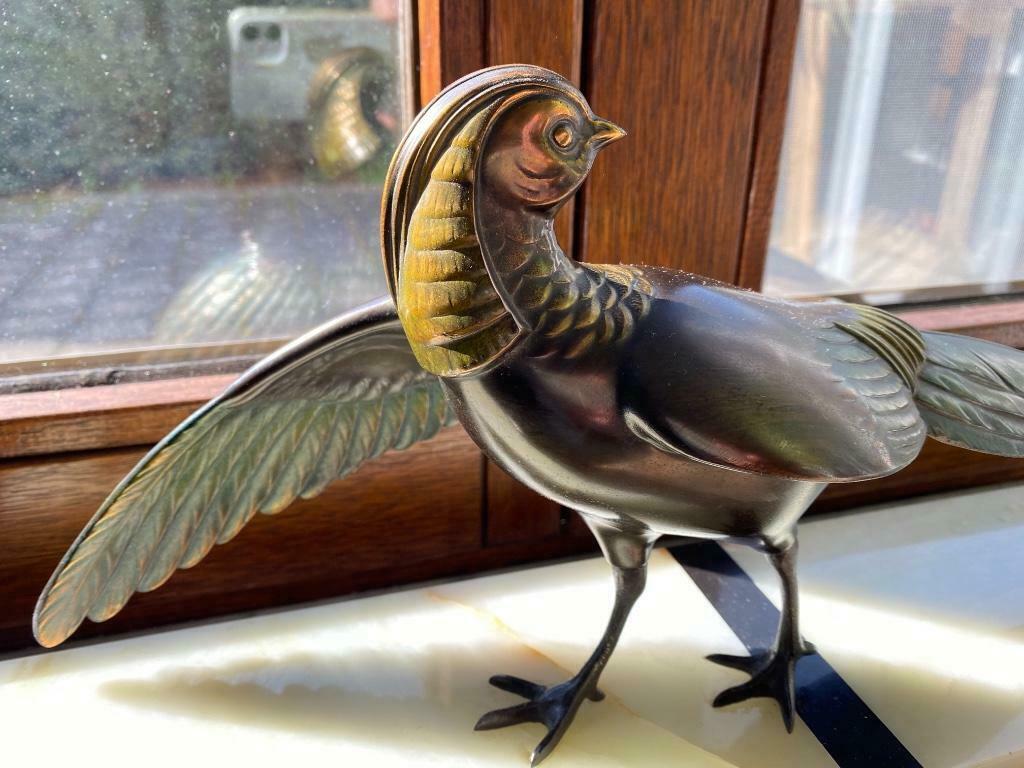 Bronzen fazant - beeld op wit marmeren sokkel art-deco stijl, Antiek en Kunst, Ophalen, Brons