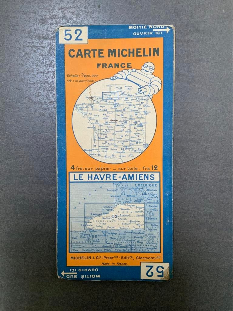 Vintage Michelin wegenkaart No. 52 Le Havre-Amiens, Enlèvement ou Envoi, Utilisé