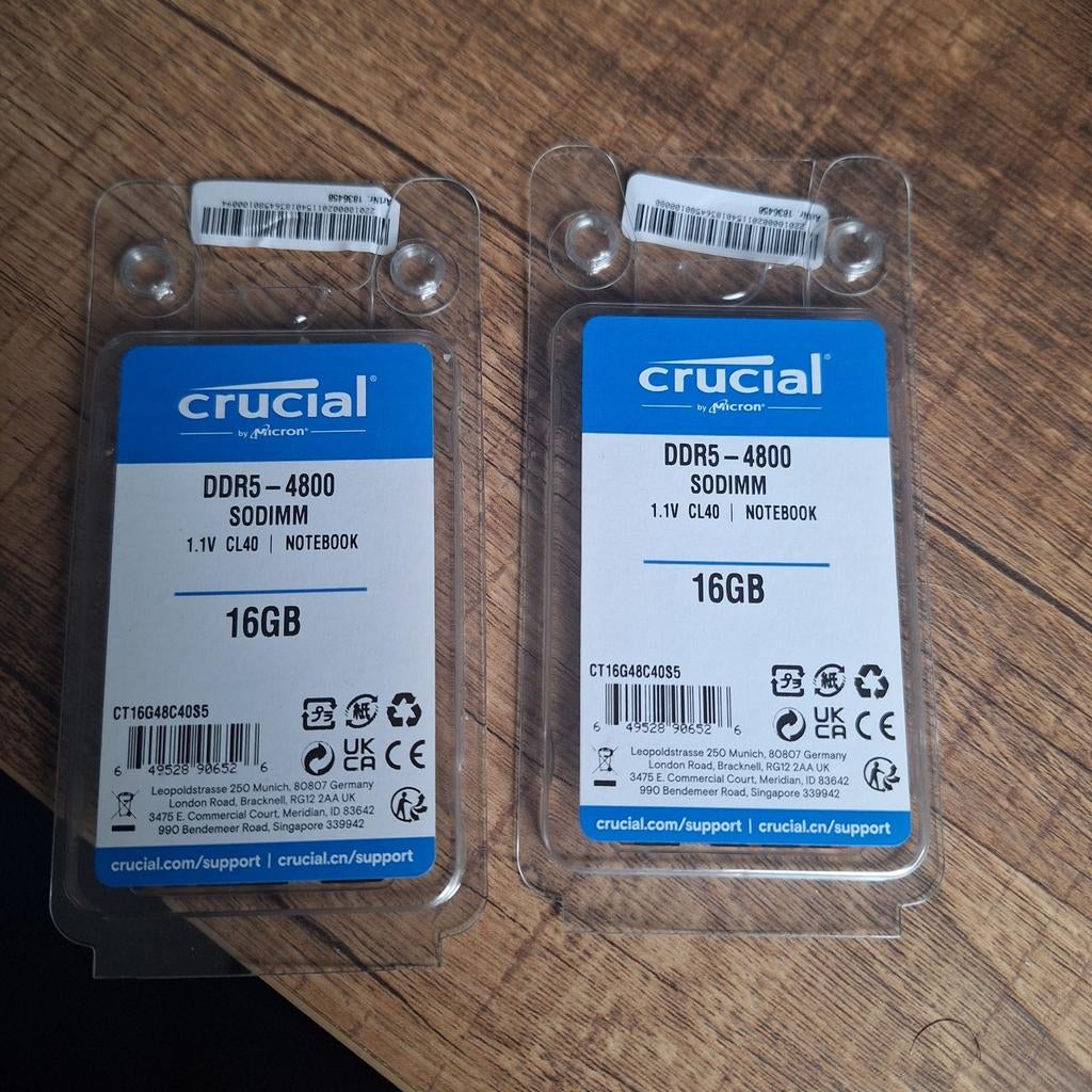 Barrette de RAM DDR5 4800MHz Crucial 1*16GB, DDR5, Laptop
