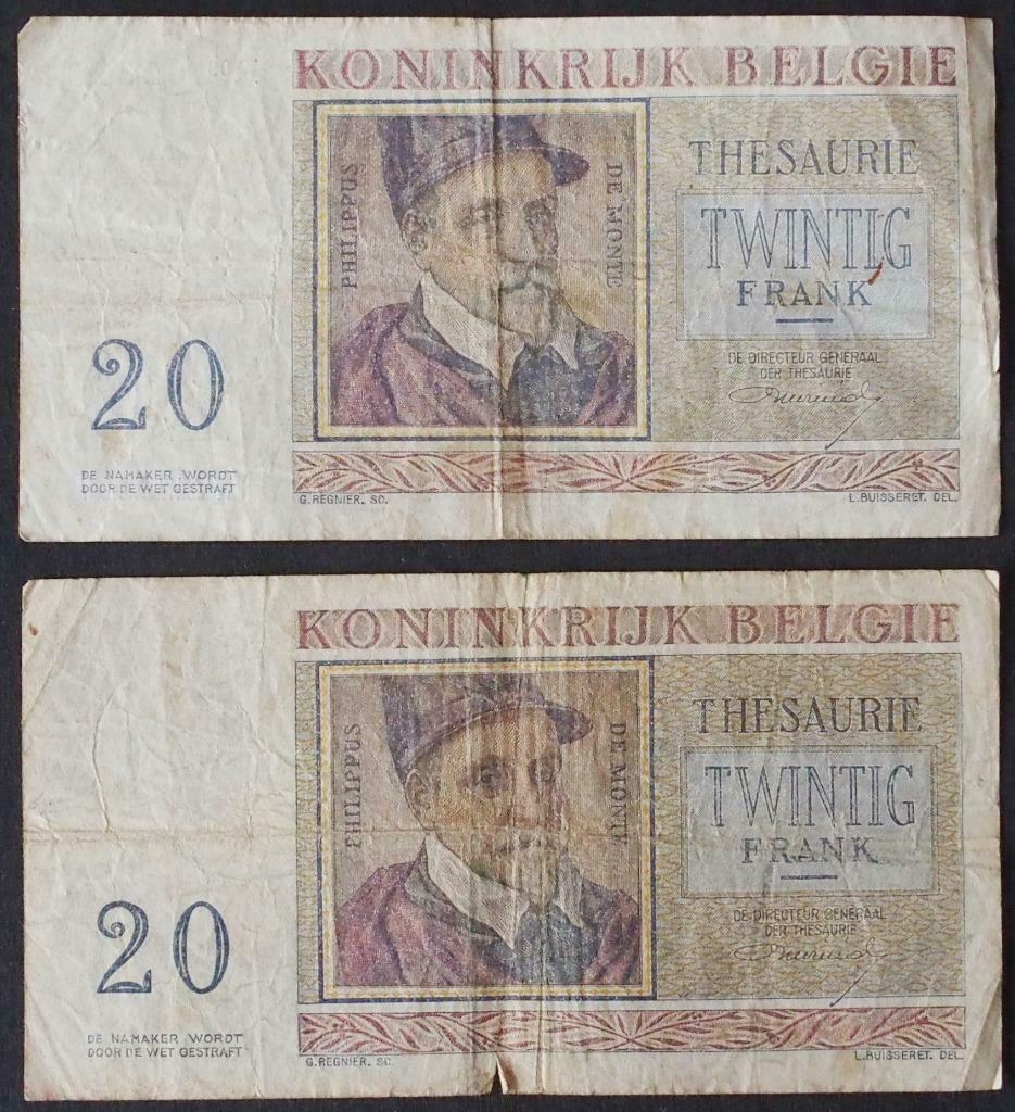 2 biljetten 20 Belgische frank 03-04-56, Postzegels en Munten, Bankbiljetten | België, Ophalen of Verzenden, Los biljet