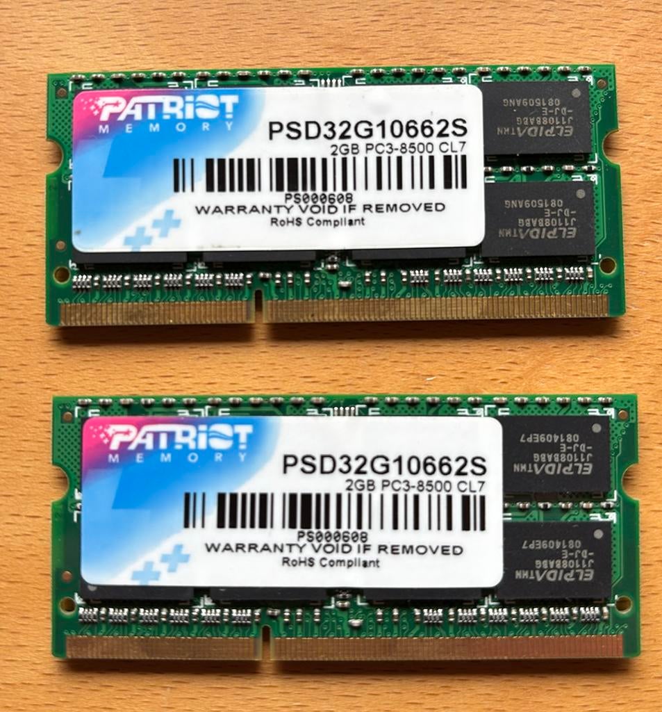 Patriot 2Gb PC3-8500 CL7 (PSD32G10662S), Computers en Software, RAM geheugen, Gebruikt, DDR3, Ophalen of Verzenden, 2 GB