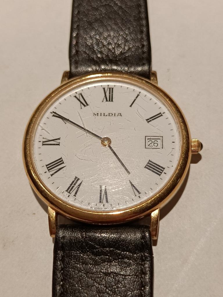 Montre Mildia homme 651301 plaqué or, date, vintage, Collections, Collections Autre, Utilisé, Enlèvement ou Envoi