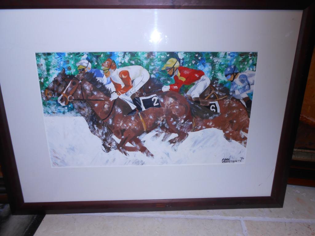* schilderij racepaarden, gesigneerd, Antiek en Kunst, Ophalen of Verzenden