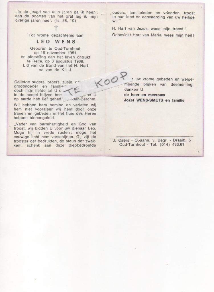 overleden tienerjongen leo wens, Verzamelen, Verzenden, Bidprentje