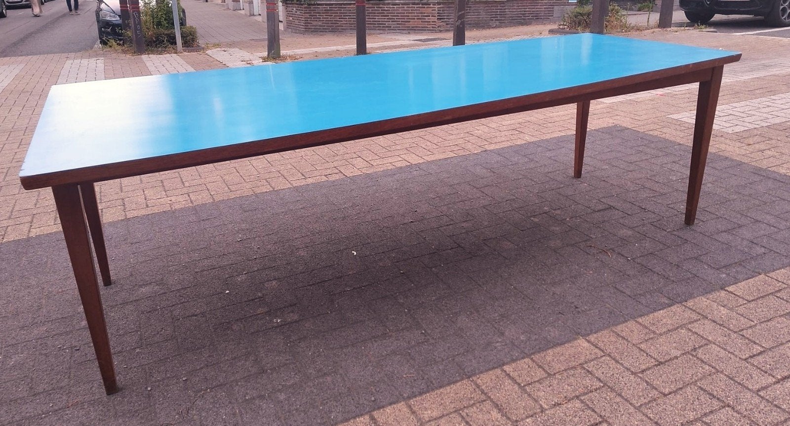 2 vintage scandinavische tafels blauw laminaat massief hout, Huis en Inrichting, Ophalen, Gebruikt, 100 tot 150 cm, Scandinavisch vintage design