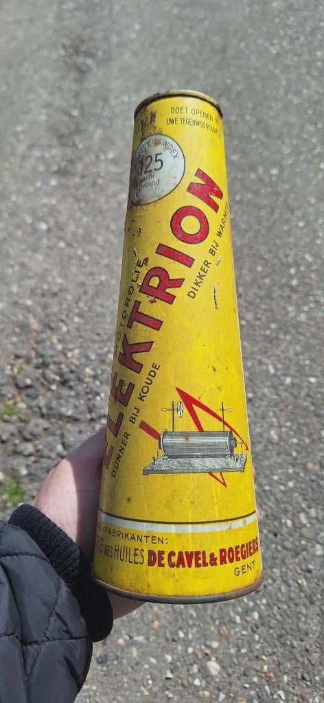 Vintage conisch olieblik Elektrion️️, Verzamelen, Merken en Reclamevoorwerpen, Gebruikt, Verpakking, Ophalen of Verzenden
