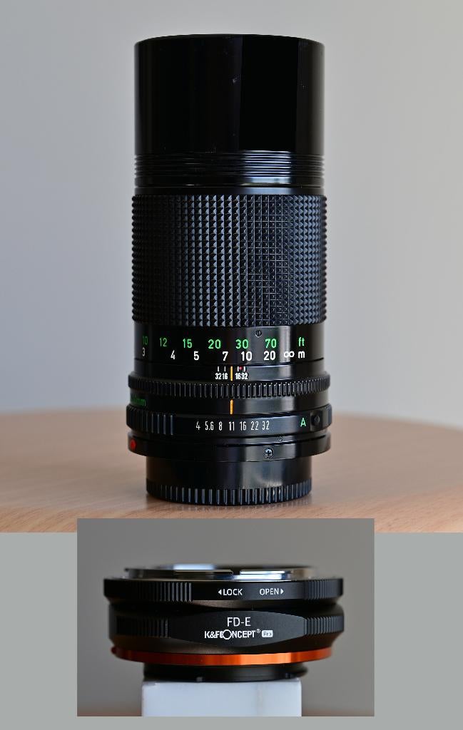 Canon FD 200 mm f 4 + adapter naar Sony E, TV, Hi-fi & Vidéo, Photo | Lentilles & Objectifs, Enlèvement ou Envoi, Comme neuf, Téléobjectif