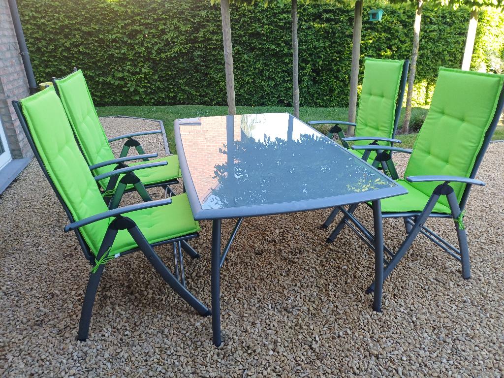 Tuintafel + 4 stoelen, Tuin en Terras, Ophalen, Gebruikt, Rechthoekig, Aluminium