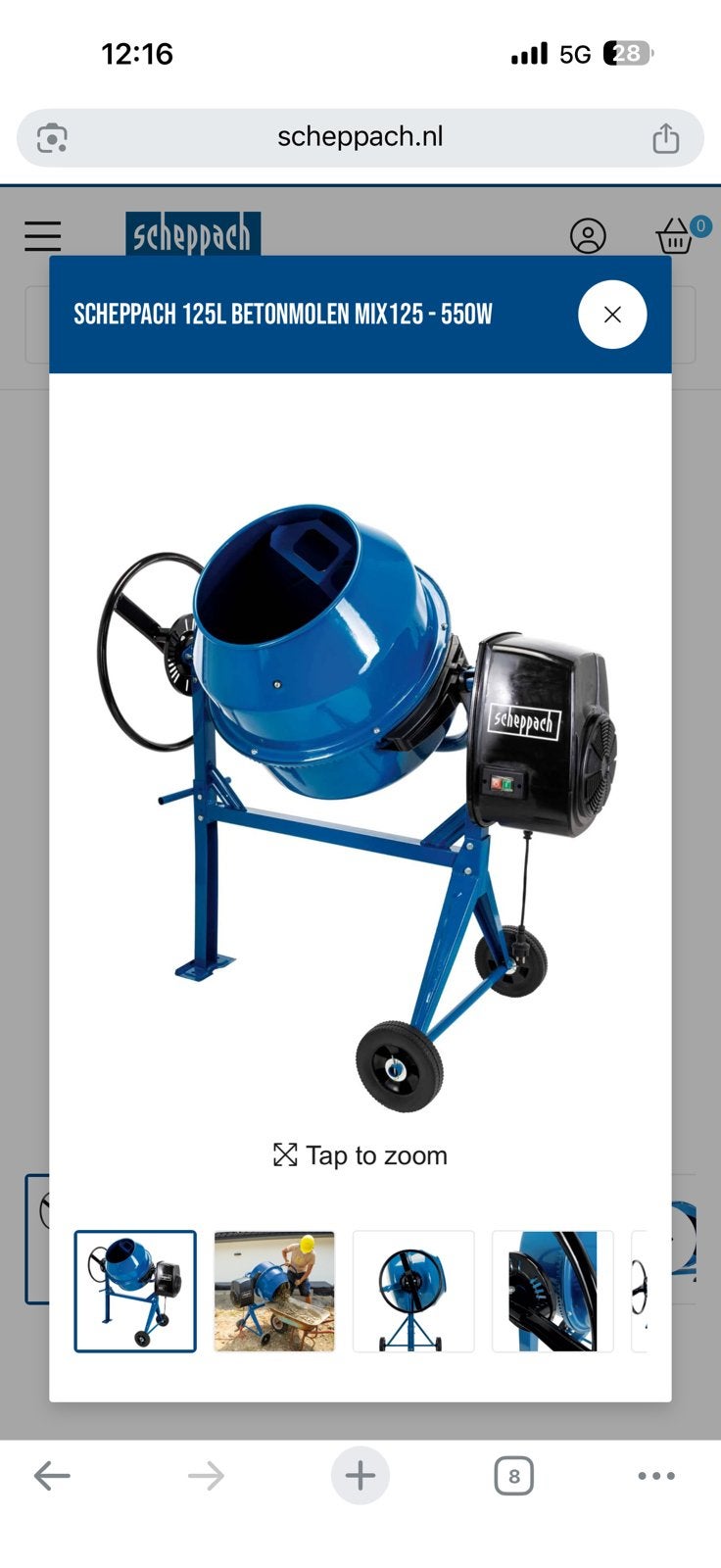 Te huur: betonmixer 125L, € 35,- excl. btw per dag, Doe-het-zelf en Bouw, Ophalen, Zo goed als nieuw