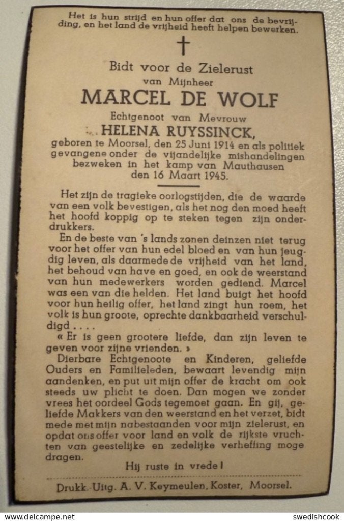Moorsel - Aalst - Marcel De Wolf gesneuveld 16 maart 1945, Ophalen of Verzenden