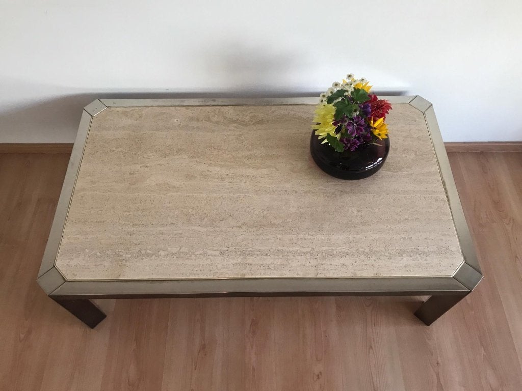 Vintage salontafel met travertin blad jaren '70, Huis en Inrichting, Ophalen, Gebruikt, Overige materialen