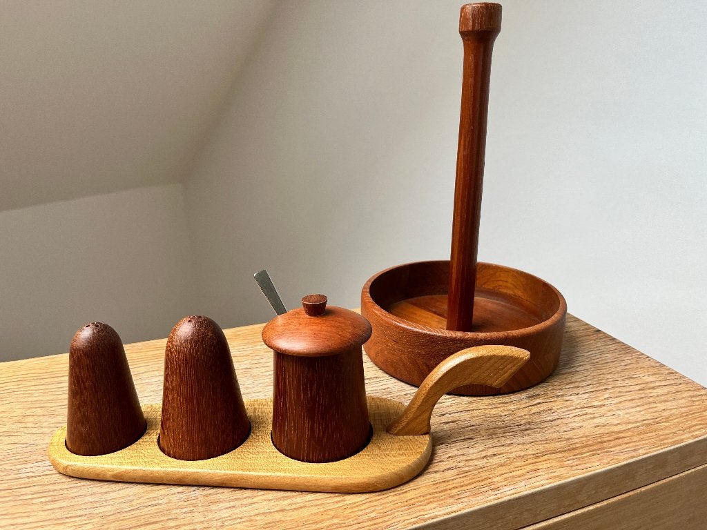 Vintage houten kruidenpotjes en houder Deens design, Ophalen of Verzenden
