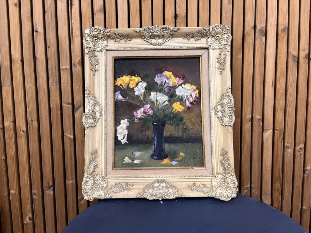 Authentiek Bloemstilleven Albert Steel (1917-1984), Enlèvement, Signé, Fleurs
