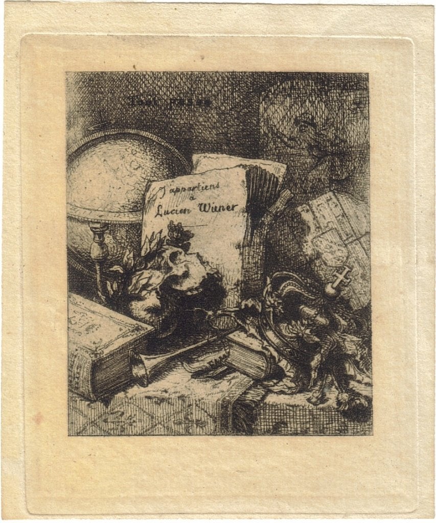 Onvermelde Maker ets "Ex-Libris Lucien Wiener", Antiek en Kunst, Ophalen, 1800 - 1899, Ets, Mythologie