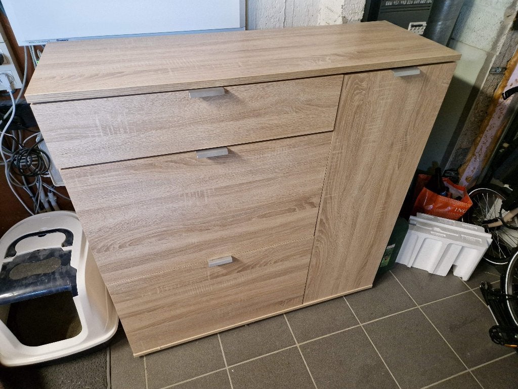 Meuble à chaussures 108 x 37 x 109 avec motif en bois, Maison & Meubles, Enlèvement, Utilisé, Houtmotief (eik) met metalen handgrepen