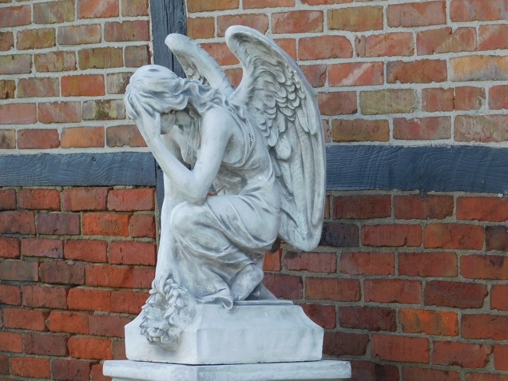 Statue d'ange agenouillé avec couronne, 80 cm, pierre, Jardin & Terrasse, Enlèvement ou Envoi, Pierre, Ange