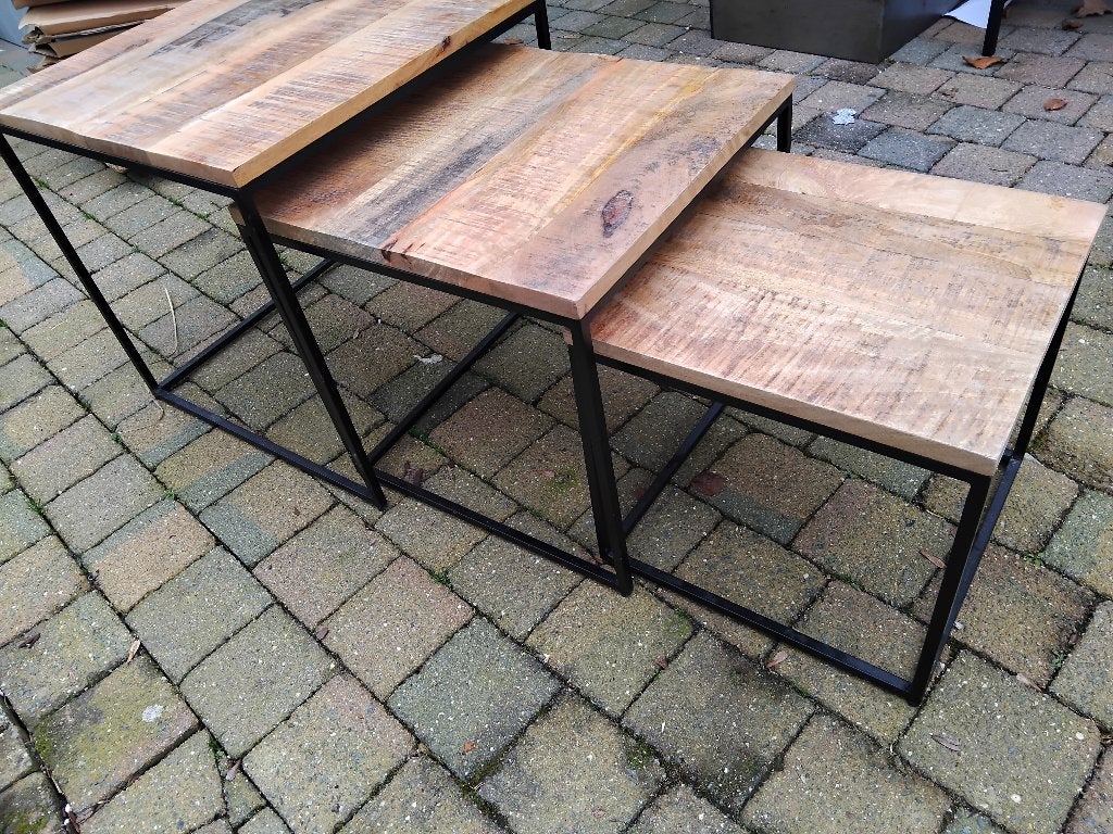 salontafelset 3 delig mango en staal prima staat!, Ophalen, Zo goed als nieuw