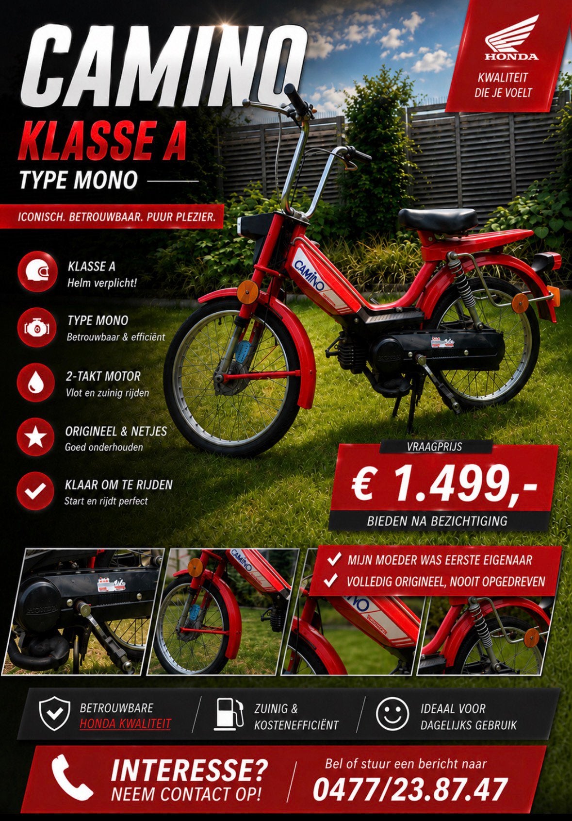 Honda Camino rood klasse A. Type Mono eerste eigenaar., Fietsen en Brommers, Brommers | Honda, Ophalen, Gebruikt, Klasse A (25 km/u)