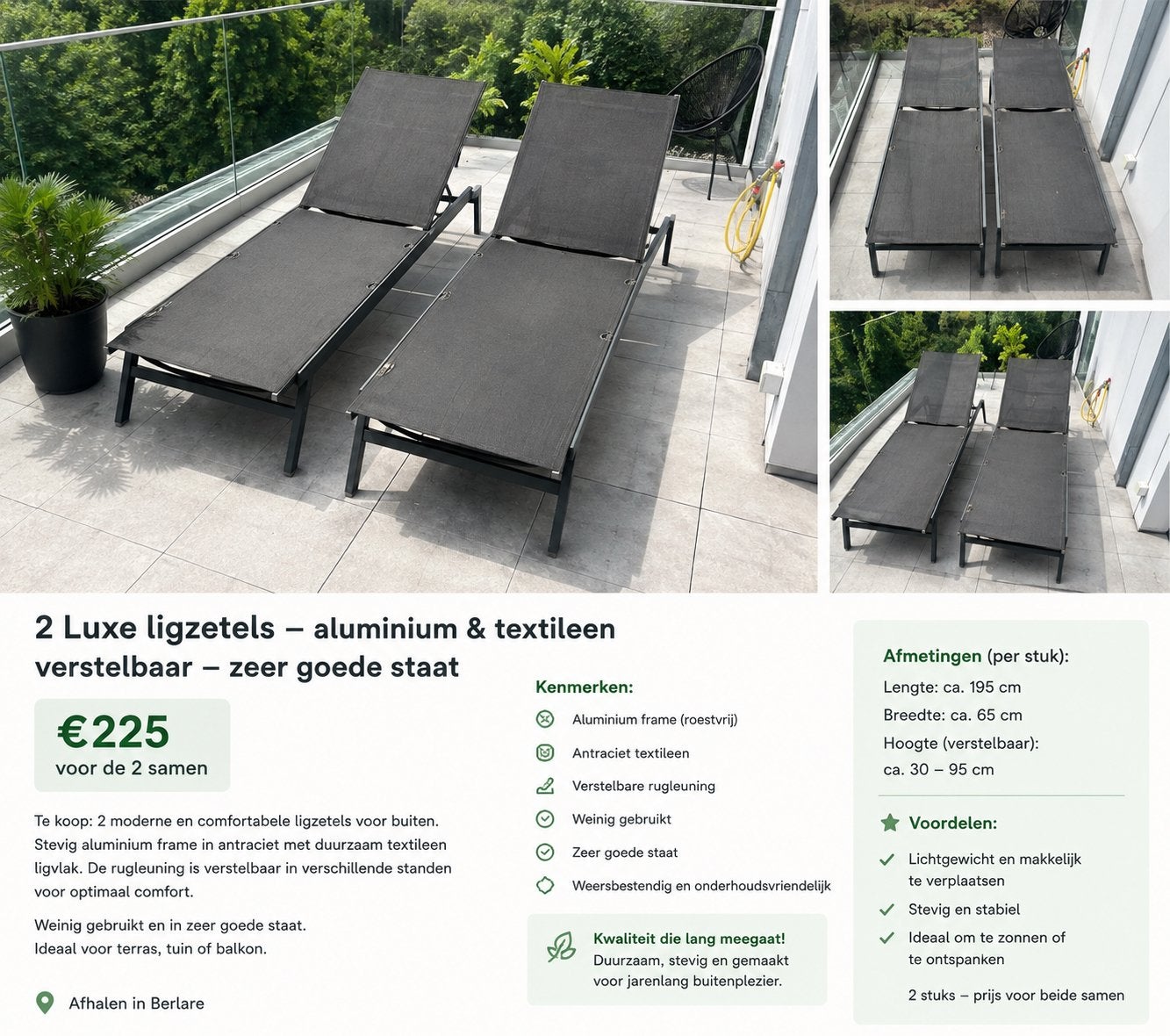 2 Alum ligbedden ligzetels verstelbaar antraciet goede staat, Tuin en Terras, Ophalen, Zo goed als nieuw, Aluminium, Verstelbaar