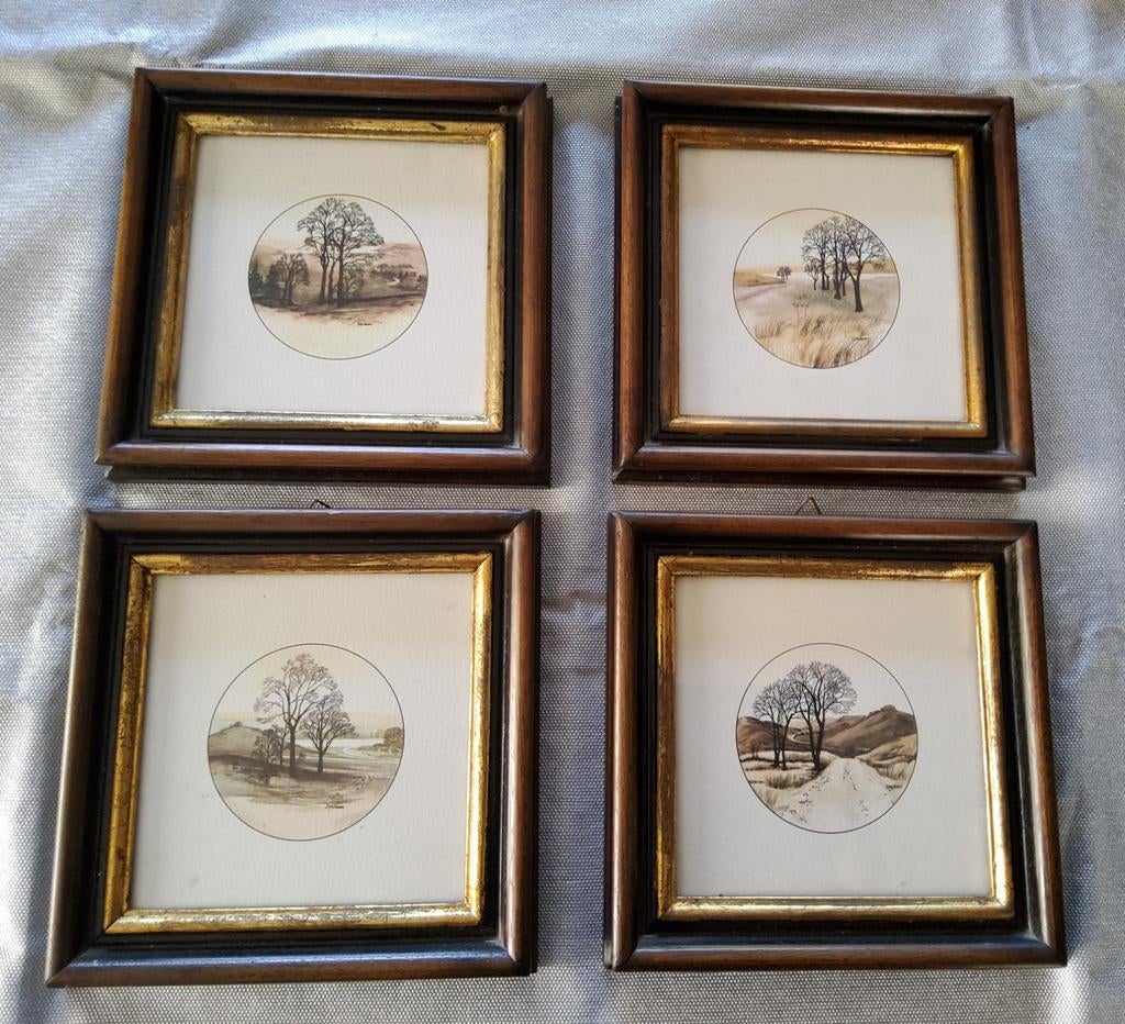 4 petits cadres avec des paysages miniatures (18 cm x 18 cm), Enlèvement, Bois