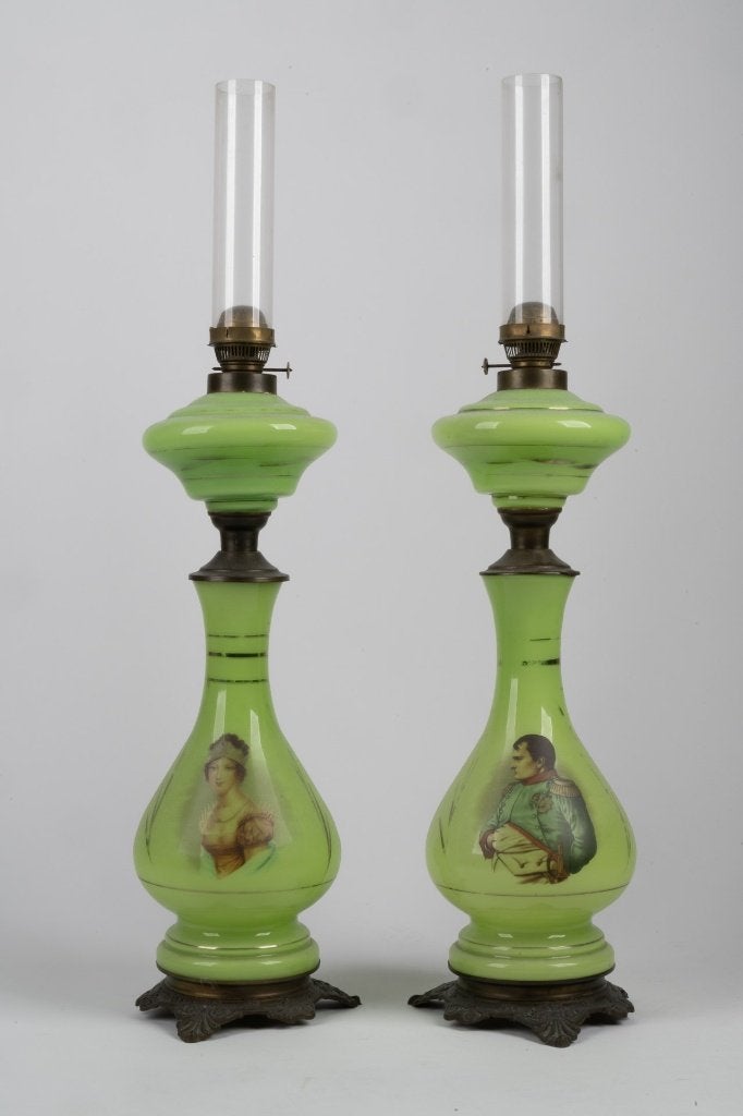 Antiek paar groene opaline olielampen – Napoleon & Joséphine, Antiek en Kunst, Ophalen