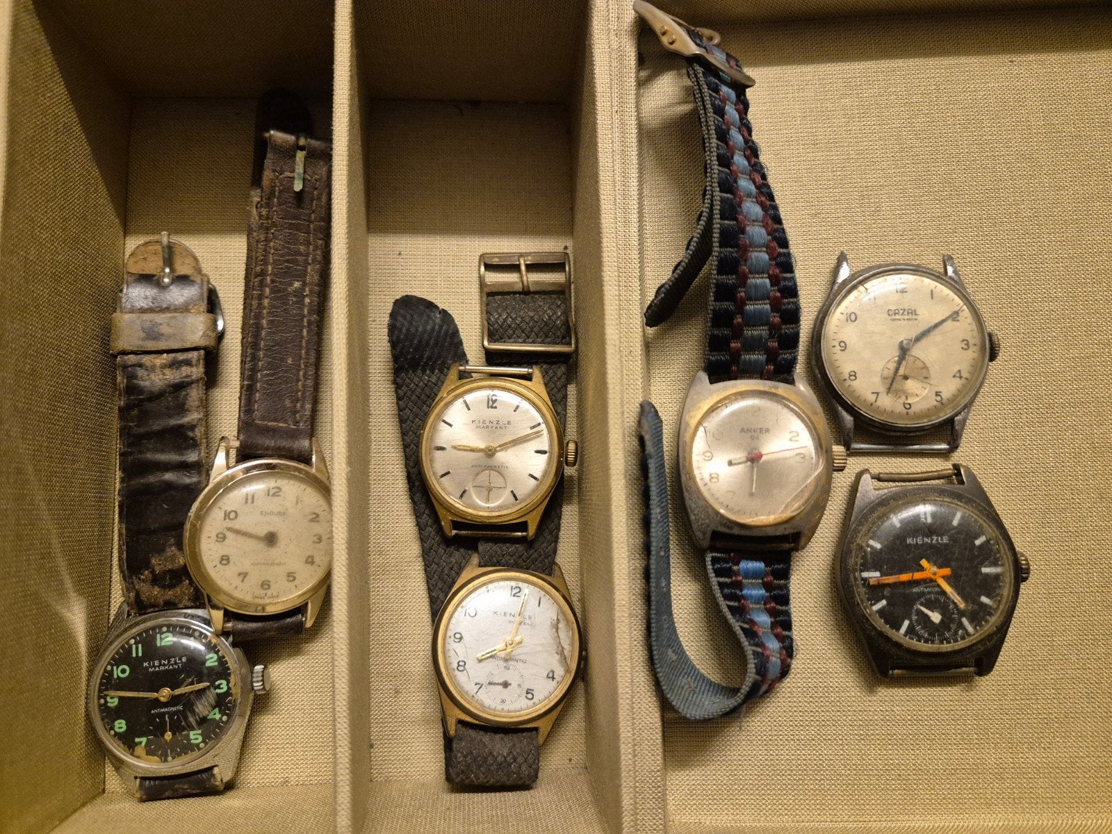 Lot van 7 vintage mechanische horloges Kienzle, Cazal, Overige merken, Staal, Verzenden, Polshorloge