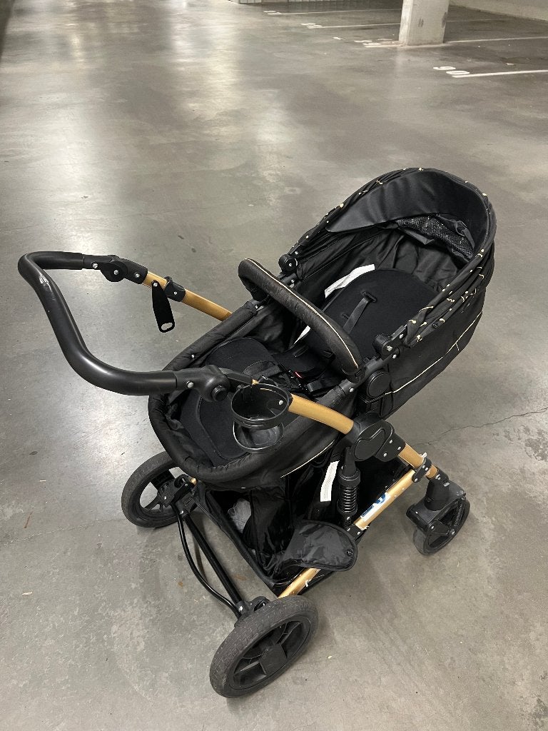 Kinderwagen 2-in-1 (reiswieg + zitje) – zwart met goud frame, Ophalen, Gebruikt, Kinderwagen, Verstelbare duwstang
