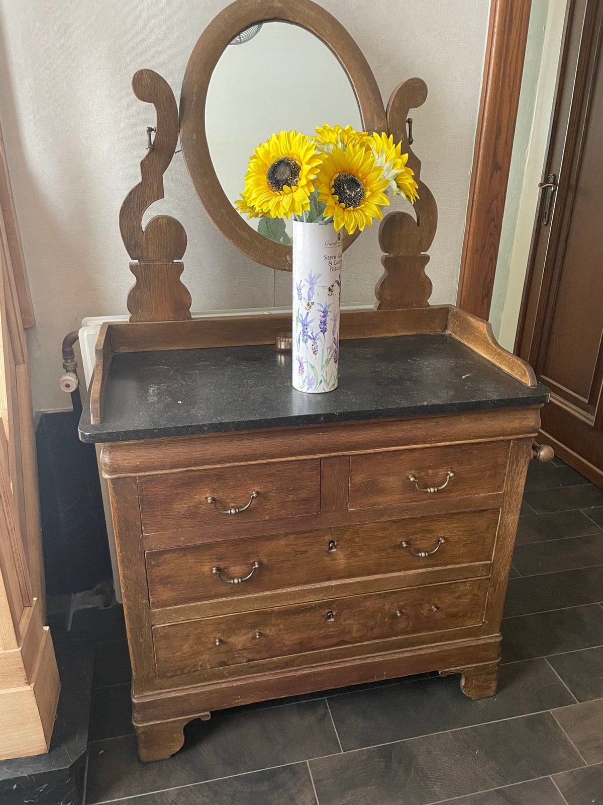 Vintage ladenkast met spiegel, Huis en Inrichting, Ophalen, Gebruikt