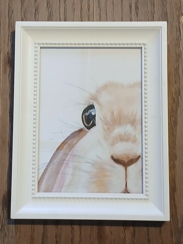 Ingelijste Aquarel Print - Lief Konijntje - Witte Lijst, Handgeschilderd, Realistisch, Overige ondergronden, Dieren