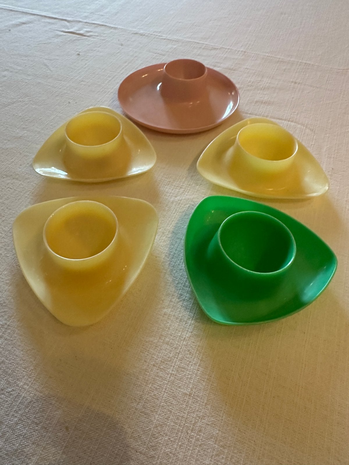 5 vintage eierdopjes, Kunststof, Gebruikt, Overige merken, Overige typen