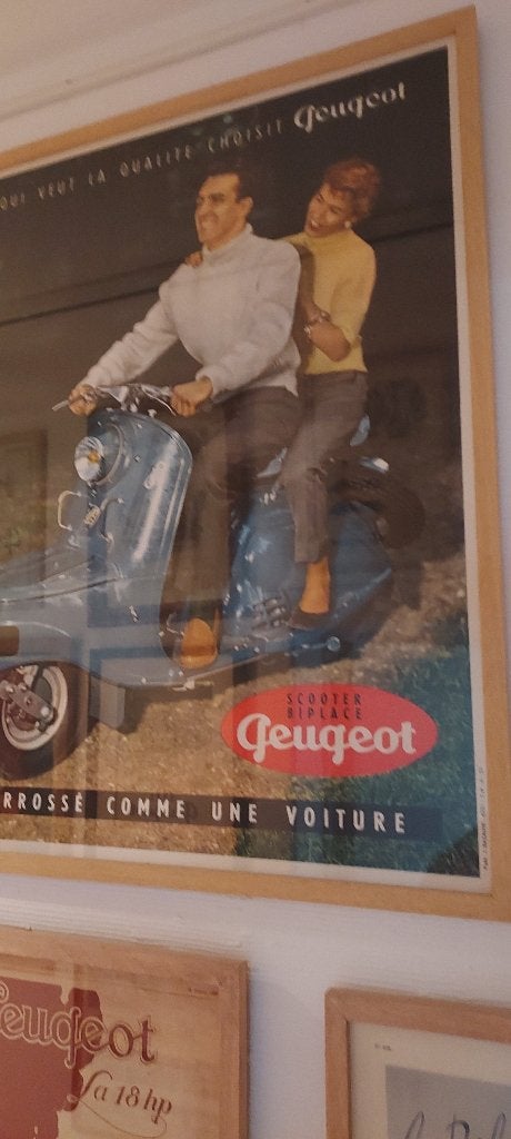oude affiche "Peugeot scooter", 1955. Ingekaderd, Ophalen of Verzenden, Zo goed als nieuw, Reclamebord