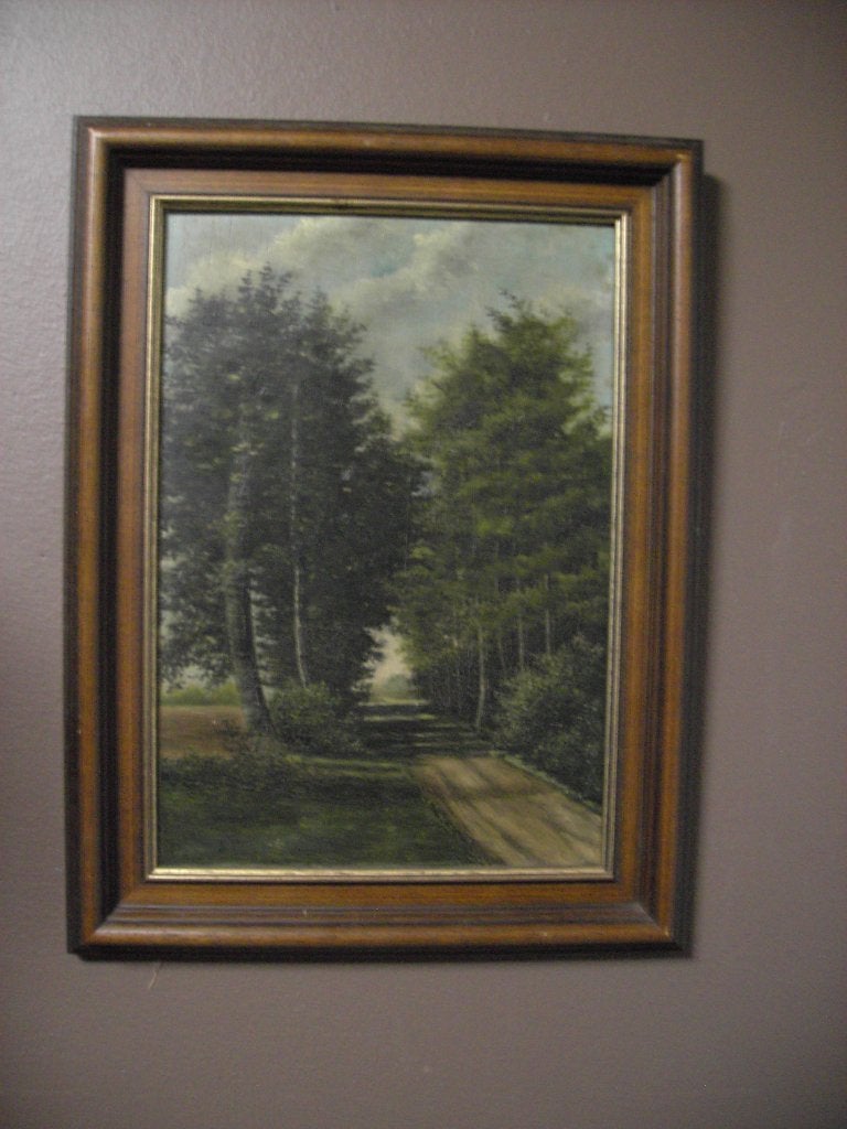 Oud olieverfschilderijtje op houten paneel "Dreef" J.M., Ophalen, Paneel, Landschap, Olieverf
