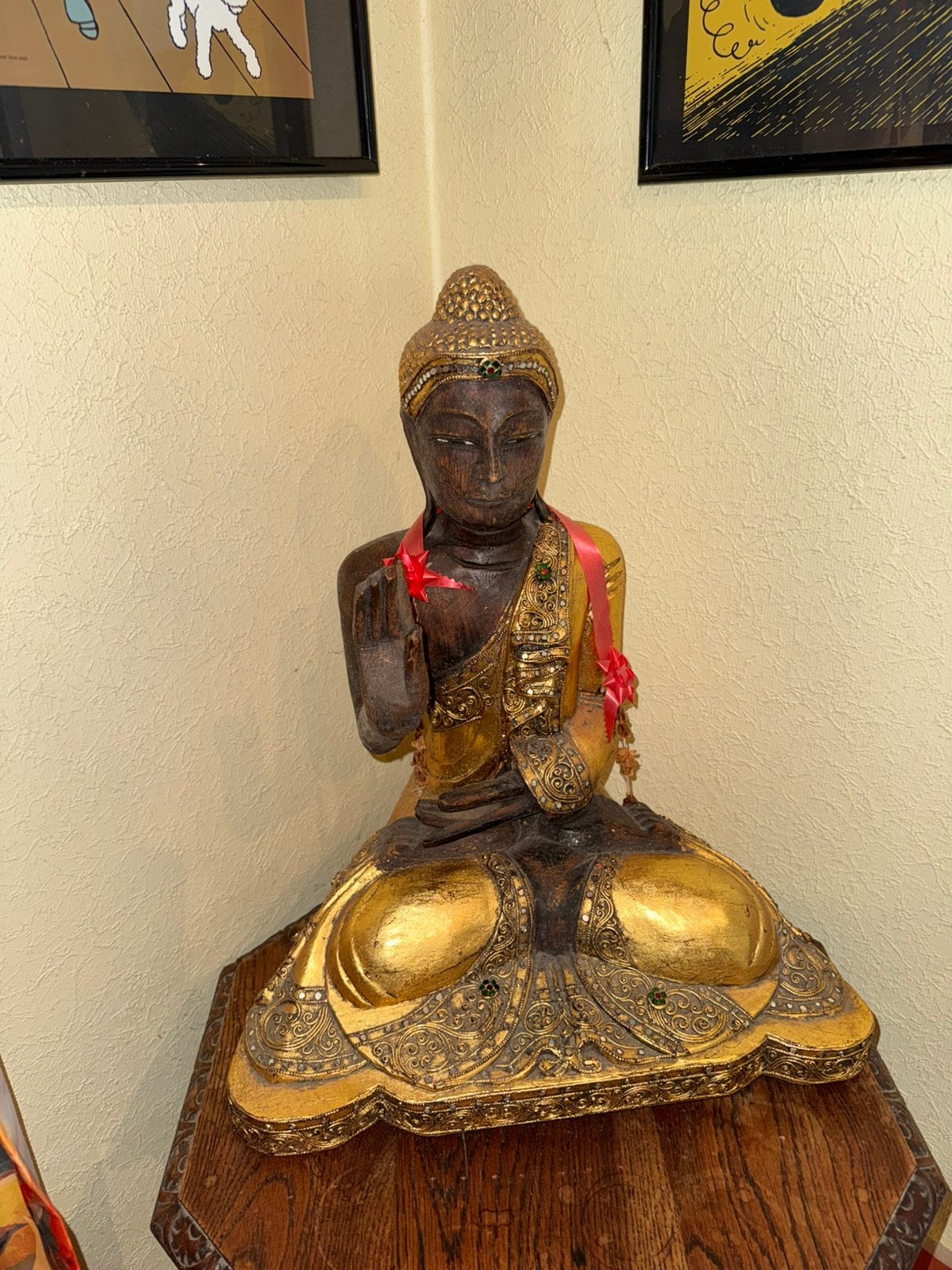 Mooi houten Boeddhabeeld (Mandalay-stijl), Ophalen of Verzenden, Zo goed als nieuw, Hout, Goud