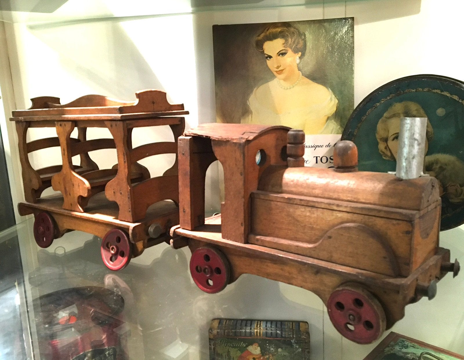 Antieke 1940s houten Speelgoed Trein met Wagon, Antiek en Kunst, Antiek | Speelgoed, Ophalen of Verzenden