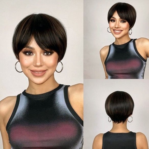Pixie pruik kort steil donkerbruin haar in laagjes, Handtassen en Accessoires, Uiterlijk | Haarverzorging, Nieuw, Verzenden