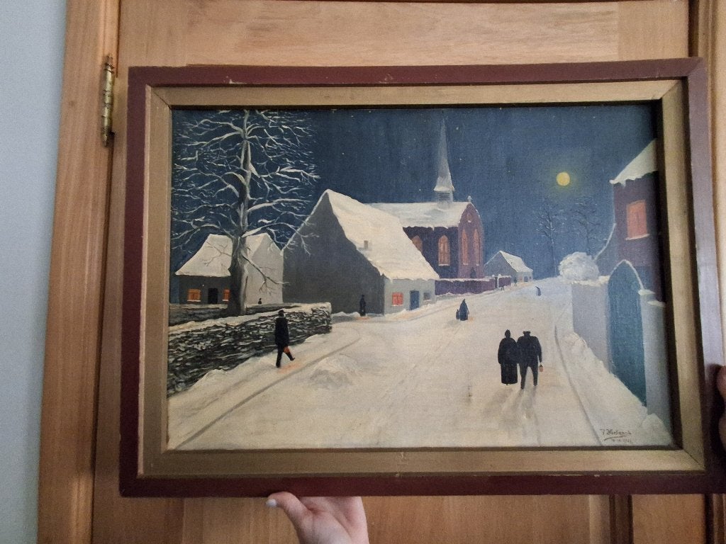 Winterlandschap in olieverf, Antiek en Kunst, Ophalen, Handgeschilderd, Olieverf, Doek