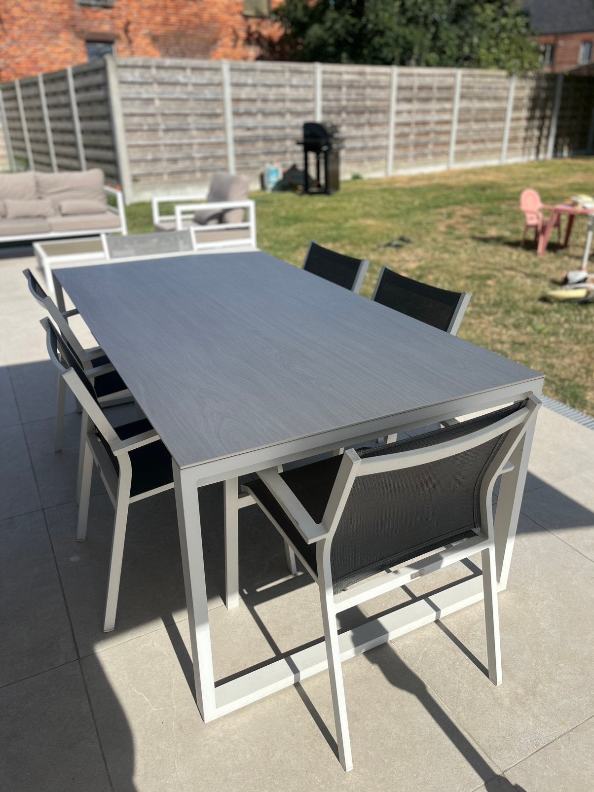 Eettafel( BRISTOL) tuinset + parasol met voet, Maison & Meubles, Tables | Tables mange-debout, Enlèvement, Utilisé