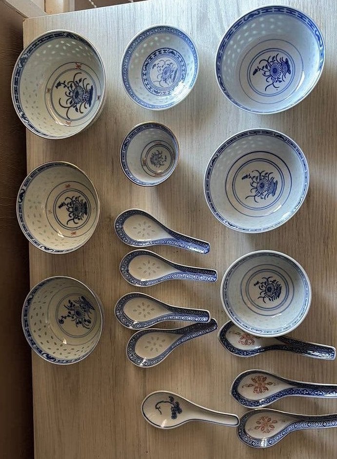 Vintage Chinees Rijstkorrel Servies – 16-delig – Jingdezhen, Antiek en Kunst, Antiek | Servies compleet, Ophalen of Verzenden