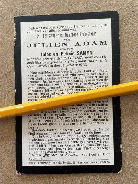 OORLOG14-18 Julien ADAM  Staden 1897 +Door Duitse BOM 1918, Verzamelen, Ophalen of Verzenden, Bidprentje