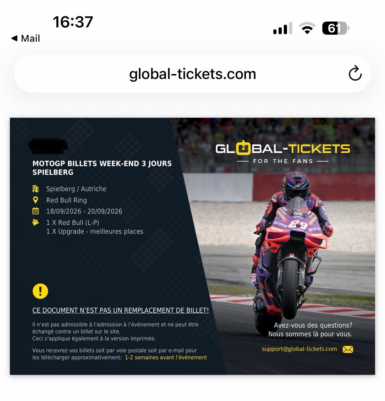 1 Place Moto GP Autriche 09/2026, Tickets & Billets, Une personne, Septembre
