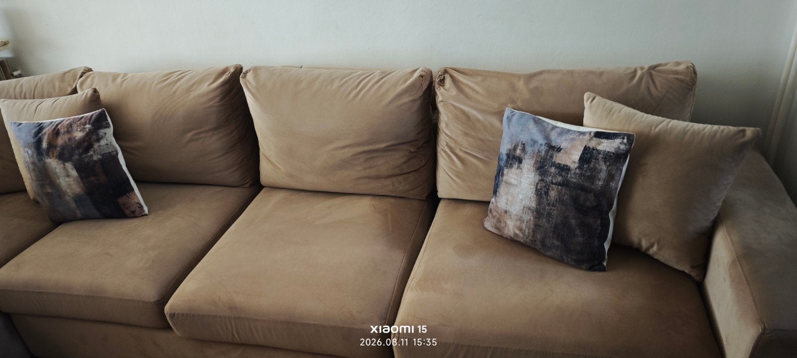 Grote comfortabele hoeksnoek / halfronde salon (beige velour, Ophalen, Stof
