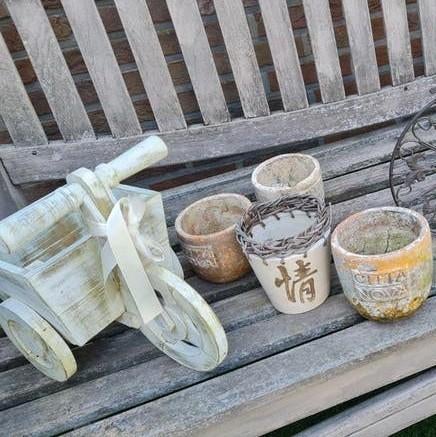 Tuin decoratie fiets bloempot hout en smeedijzer, Tuin en Terras, Ophalen of Verzenden, Zo goed als nieuw