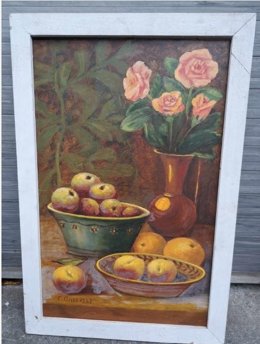 huile sur panneau nature morte signe C ondereet, Antiquités & Art, Enlèvement ou Envoi, Nature morte, Panneau