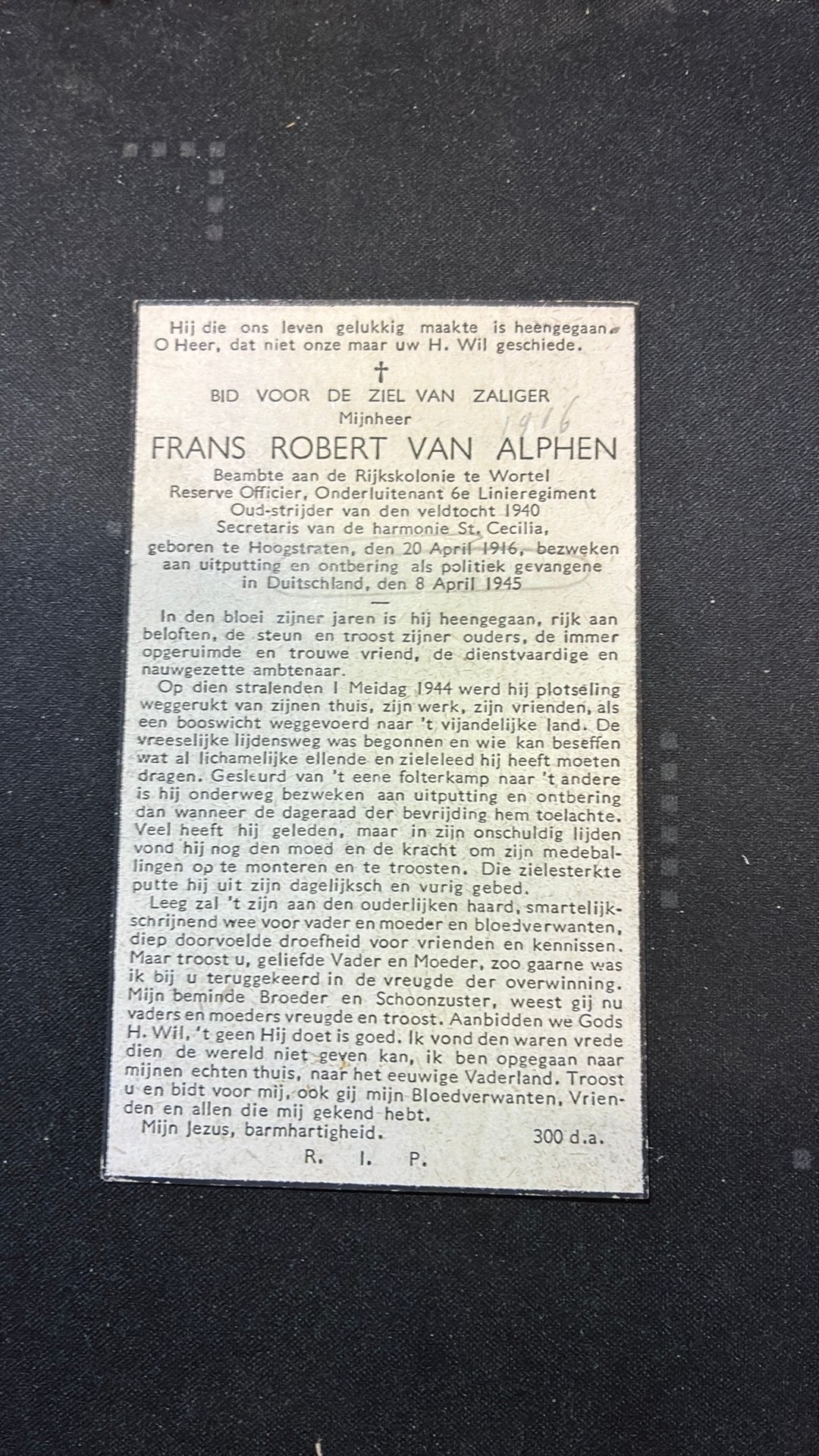 Frans Robert Van Alphen, Verzamelen, Bidprentjes en Rouwkaarten, Bidprentje, Ophalen of Verzenden