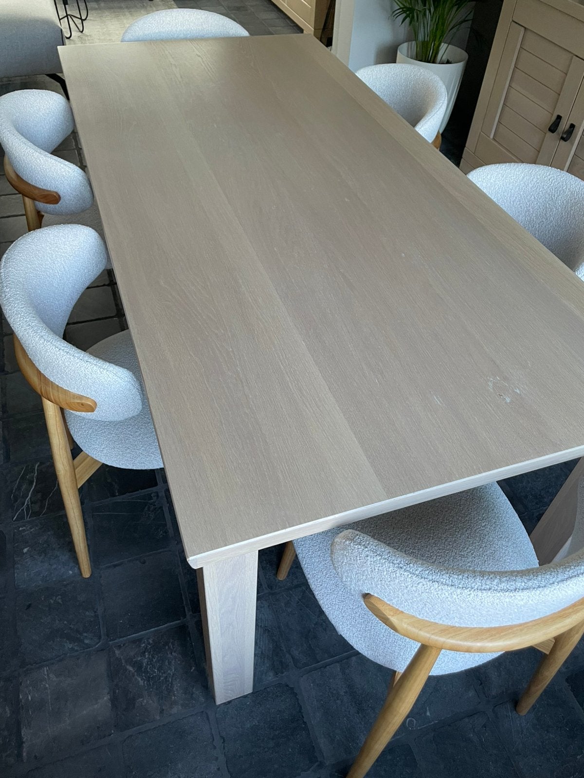 Eiken eettafel white wash  215x100, Huis en Inrichting, Tafels | Eettafels, Ophalen, Zo goed als nieuw